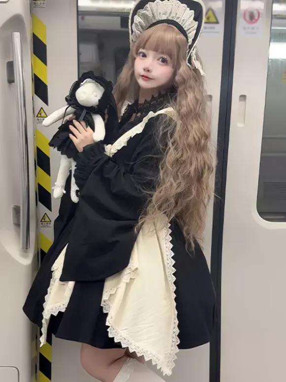 Halloween Gothic Lolita Dresses Lace Bows Color Block Black Dresses