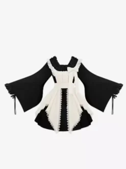 Halloween Gothic Lolita Dresses Lace Bows Color Block Black Dresses