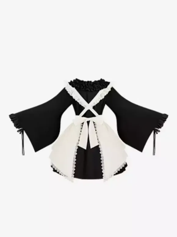 Halloween Gothic Lolita Dresses Lace Bows Color Block Black Dresses