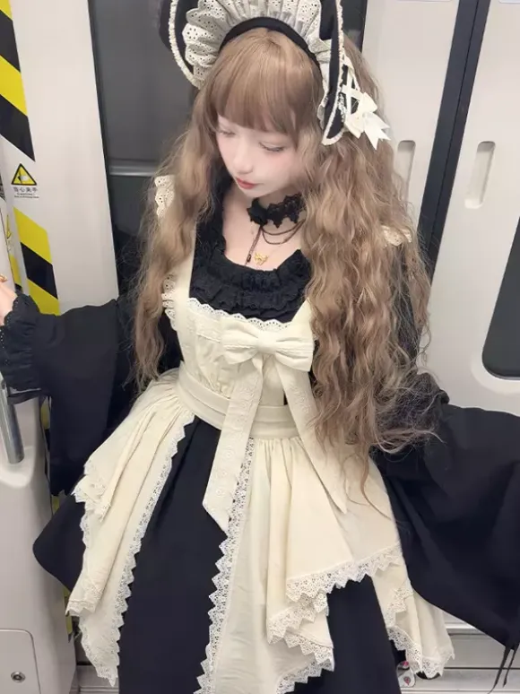 Halloween Gothic Lolita Dresses Lace Bows Color Block Black Dresses