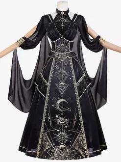 Halloween Gothic Lolita Outfits Black Gold Patchwork Short Sleeveless Dress