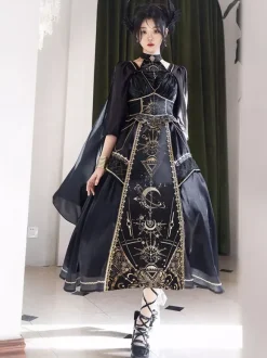 Halloween Gothic Lolita Outfits Black Gold Patchwork Short Sleeveless Dress