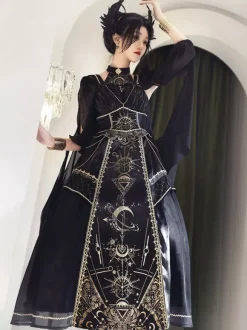 Halloween Gothic Lolita Outfits Black Gold Patchwork Short Sleeveless Dress