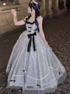 Halloween Gothic Wedding Lolita Dress Blue Gray Jacquard Party Dress with Bows and Ruffles Kawaii Fashion