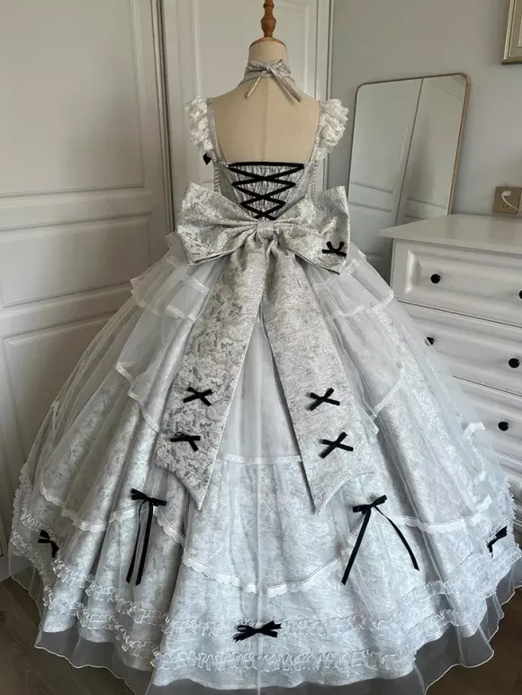 Halloween Gothic Wedding Lolita Dress Blue Gray Jacquard Party Dress with Bows and Ruffles Kawaii Fashion