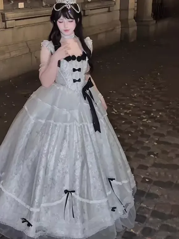Halloween Gothic Wedding Lolita Dress Blue Gray Jacquard Party Dress with Bows and Ruffles Kawaii Fashion