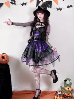 Halloween Gothic Witch Costume Lace Dark Fairy Roleplay Dress