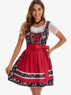 Halloween Halloween Costumes Light Sky Blue Adult's Floral Print Retro Dress Sash Polyester Holiday Holidays Costumes