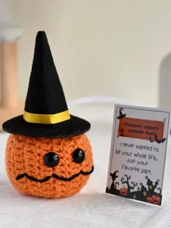 Halloween Hand-Knit Pumpkin Head Doll Tabletop Decor With Removable Hat And Gift Card Amigurumi