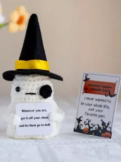 Halloween Hand-Knit Pumpkin Head Doll Tabletop Decor With Removable Hat And Gift Card Amigurumi