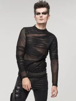Halloween Knitted T-shirt Punk Style Top Long Sleeve Pullover See-through Trendy Shirts