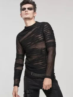 Halloween Knitted T-shirt Punk Style Top Long Sleeve Pullover See-through Trendy Shirts