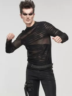 Halloween Knitted T-shirt Punk Style Top Long Sleeve Pullover See-through Trendy Shirts