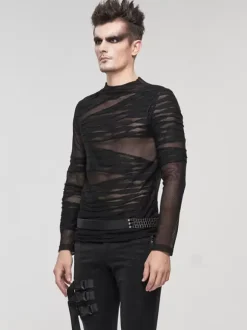 Halloween Knitted T-shirt Punk Style Top Long Sleeve Pullover See-through Trendy Shirts