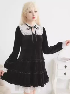 Halloween Lolita Dress Lace Neckline Long Sleeves Velvet Ruffles Gothic Dress
