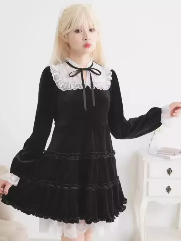 Halloween Lolita Dress Lace Neckline Long Sleeves Velvet Ruffles Gothic Dress
