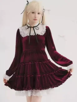 Halloween Lolita Dress Lace Neckline Long Sleeves Velvet Ruffles Gothic Dress