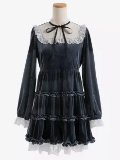 Halloween Lolita Dress Lace Neckline Long Sleeves Velvet Ruffles Gothic Dress