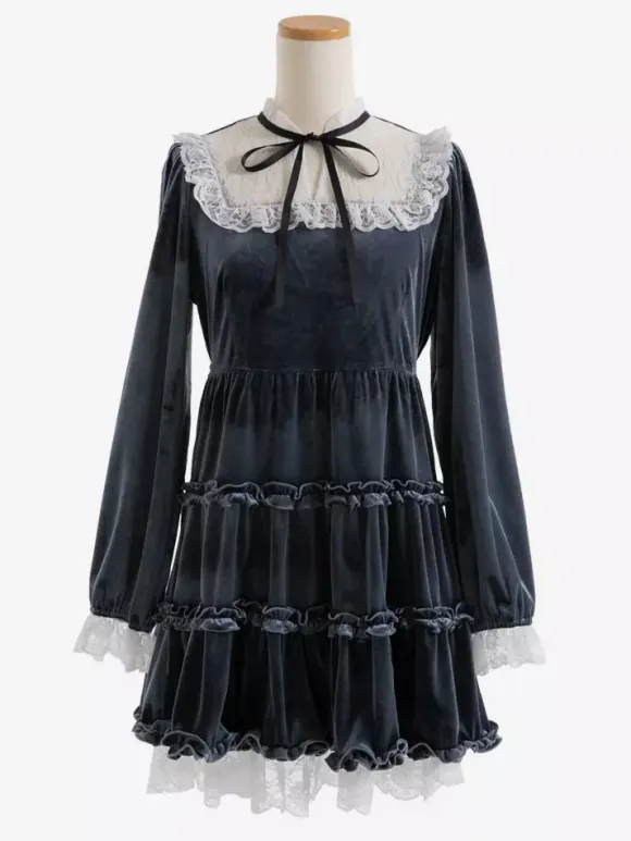 Halloween Lolita Dress Lace Neckline Long Sleeves Velvet Ruffles Gothic Dress