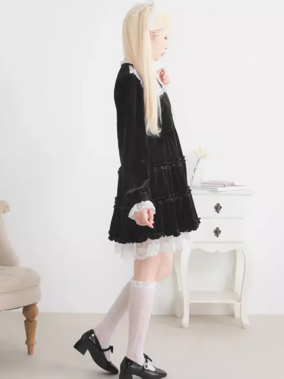 Halloween Lolita Dress Lace Neckline Long Sleeves Velvet Ruffles Gothic Dress