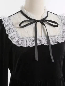 Halloween Lolita Dress Lace Neckline Long Sleeves Velvet Ruffles Gothic Dress