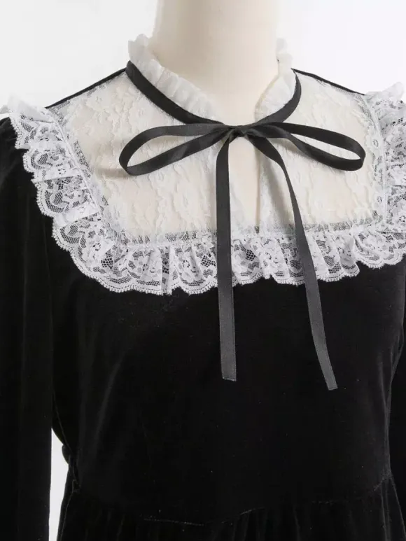 Halloween Lolita Dress Lace Neckline Long Sleeves Velvet Ruffles Gothic Dress