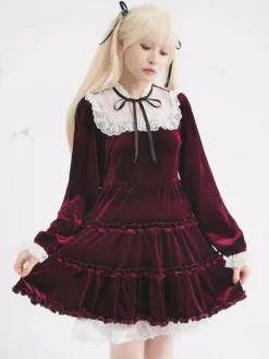 Halloween Lolita Dress Lace Neckline Long Sleeves Velvet Ruffles Gothic Dress