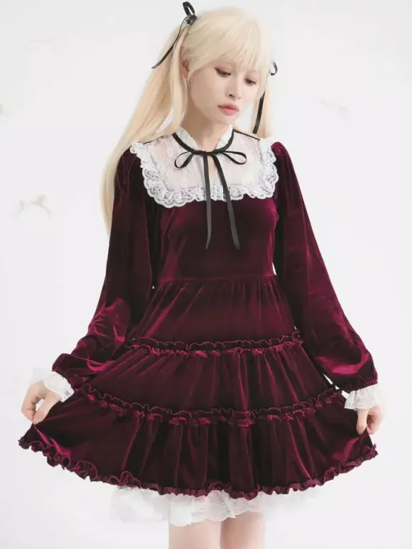 Halloween Lolita Dress Lace Neckline Long Sleeves Velvet Ruffles Gothic Dress