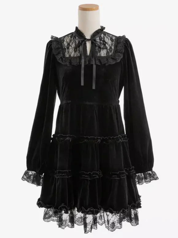 Halloween Lolita Dress Lace Neckline Long Sleeves Velvet Ruffles Gothic Dress