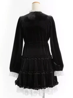 Halloween Lolita Dress Lace Neckline Long Sleeves Velvet Ruffles Gothic Dress