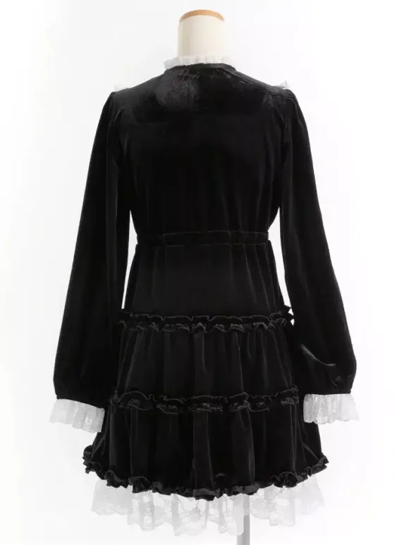 Halloween Lolita Dress Lace Neckline Long Sleeves Velvet Ruffles Gothic Dress