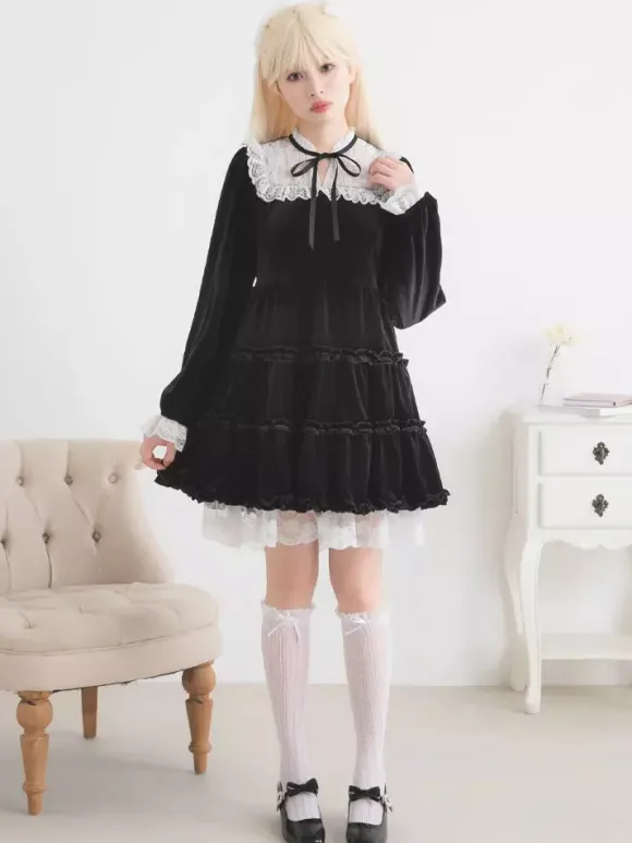 Halloween Lolita Dress Lace Neckline Long Sleeves Velvet Ruffles Gothic Dress