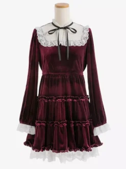 Halloween Lolita Dress Lace Neckline Long Sleeves Velvet Ruffles Gothic Dress