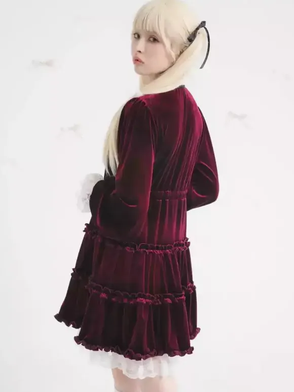 Halloween Lolita Dress Lace Neckline Long Sleeves Velvet Ruffles Gothic Dress