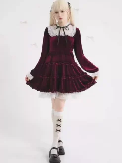 Halloween Lolita Dress Lace Neckline Long Sleeves Velvet Ruffles Gothic Dress