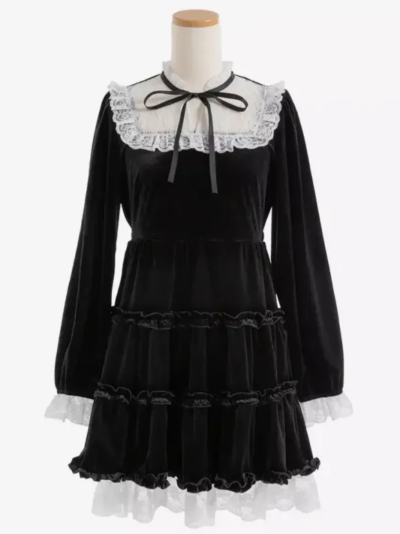 Halloween Lolita Dress Lace Neckline Long Sleeves Velvet Ruffles Gothic Dress