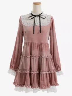 Halloween Lolita Dress Lace Neckline Long Sleeves Velvet Ruffles Gothic Dress