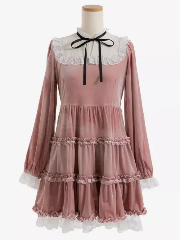 Halloween Lolita Dress Lace Neckline Long Sleeves Velvet Ruffles Gothic Dress