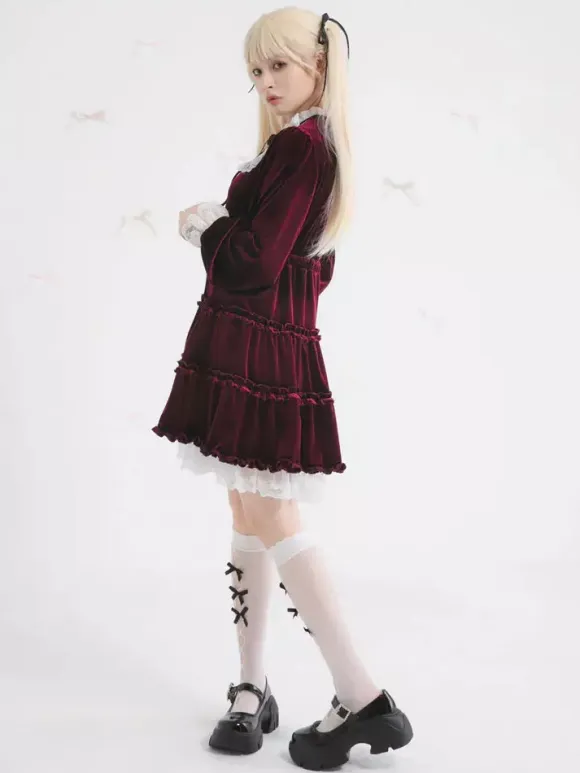 Halloween Lolita Dress Lace Neckline Long Sleeves Velvet Ruffles Gothic Dress