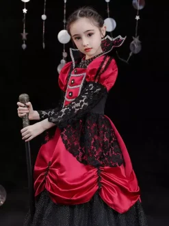 Halloween Polyester Fiber Tea Party 3/4 Length Sleeves Polyester Jumpsuit Gothic Red Kids' Lolita Dresses