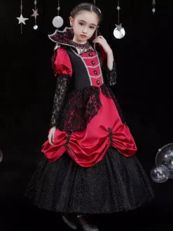 Halloween Polyester Fiber Tea Party 3/4 Length Sleeves Polyester Jumpsuit Gothic Red Kids' Lolita Dresses