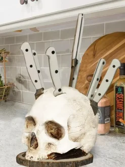 Halloween Skull Cutlery Holder Stand With 6 Slots Gothic Tableware Organizer