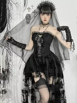 Halloween Women's Gothic Clothing Black Pleated Bows Ruffles Gothic Polyester Tunic Retro Costumes