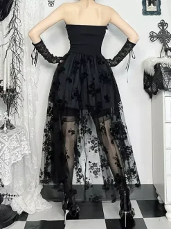 Halloween Women's Gothic Clothing Black Pleated Bows Ruffles Gothic Polyester Tunic Retro Costumes