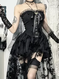 Halloween Women's Gothic Clothing Black Pleated Bows Ruffles Gothic Polyester Tunic Retro Costumes