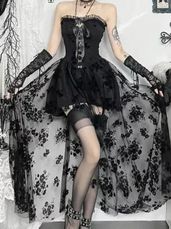 Halloween Women's Gothic Clothing Black Pleated Bows Ruffles Gothic Polyester Tunic Retro Costumes