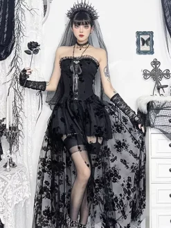 Halloween Women's Gothic Clothing Black Pleated Bows Ruffles Gothic Polyester Tunic Retro Costumes