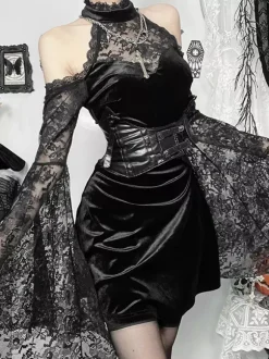 Halloween Women's Gothic Clothing Black Lace Ruffles Gothic Polyester Tunic Retro Costumes