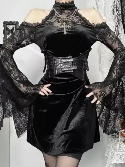 Halloween Women's Gothic Clothing Black Lace Ruffles Gothic Polyester Tunic Retro Costumes