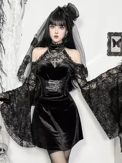 Halloween Women's Gothic Clothing Black Lace Ruffles Gothic Polyester Tunic Retro Costumes